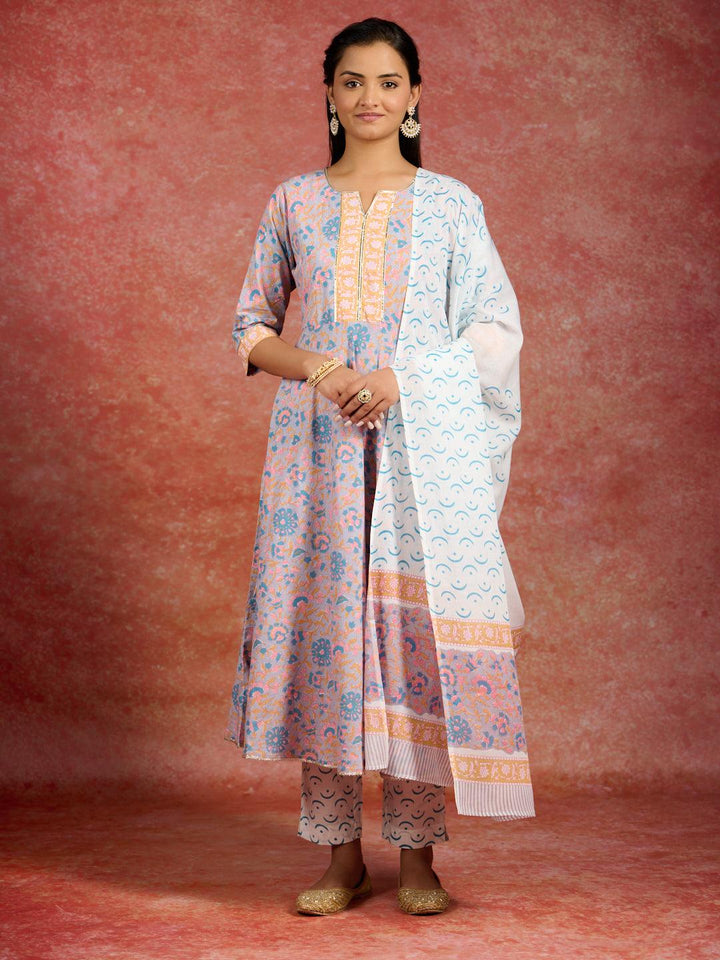 Grey Printed Cotton Anarkali Kurta With Trousers & Dupatta - Libas