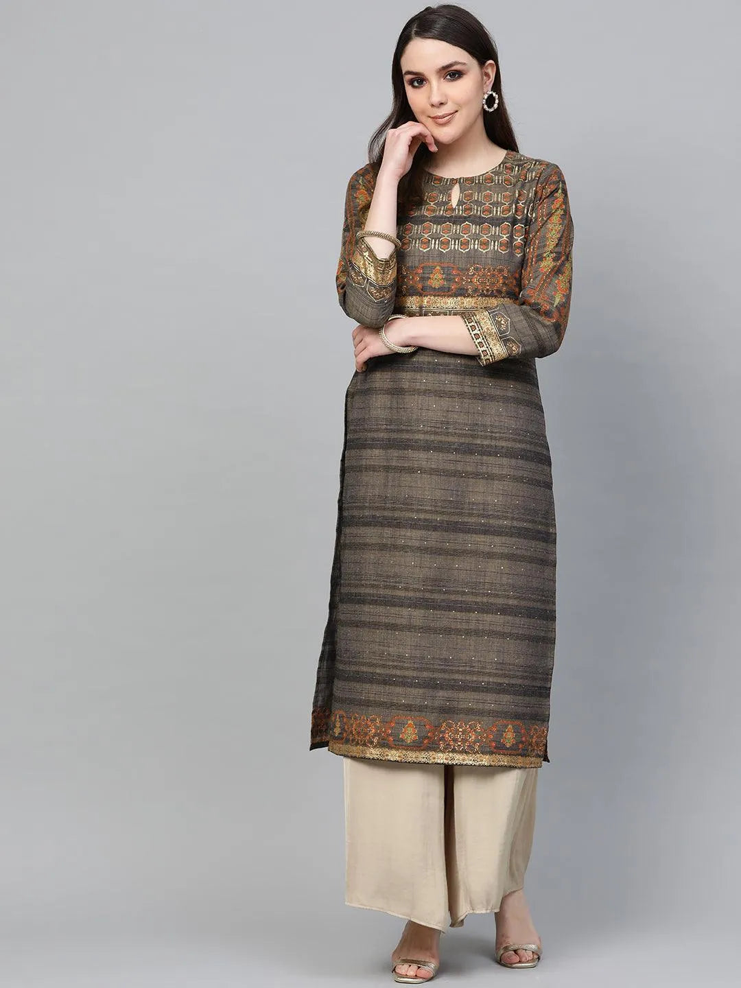 Grey Printed Cotton Kurta - Libas