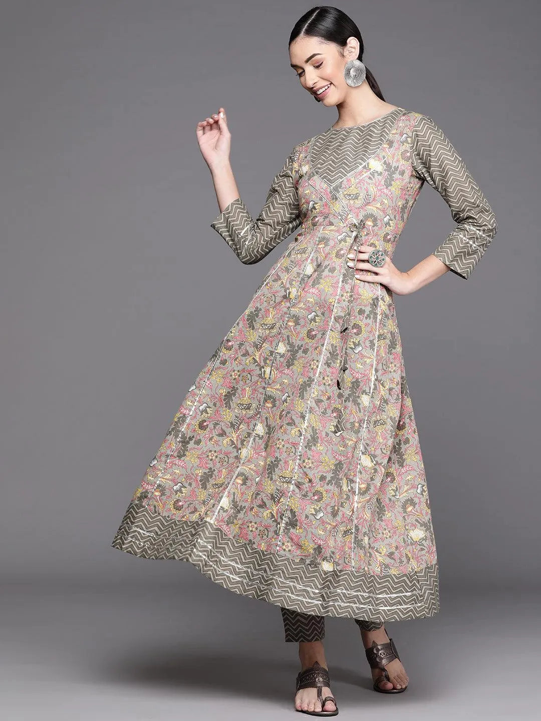 Grey Printed Cotton Kurta - Libas