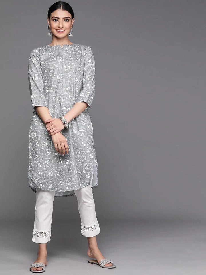 Grey Printed Cotton Kurta - Libas