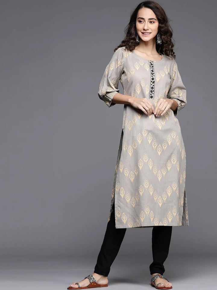 Grey Printed Cotton Kurta - Libas