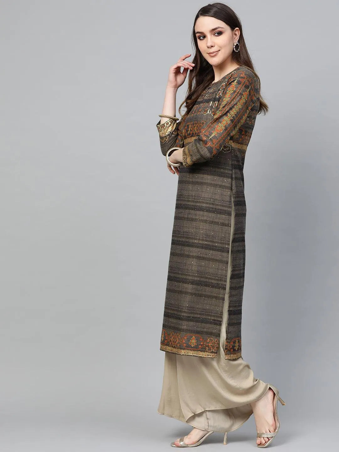 Grey Printed Cotton Kurta - Libas