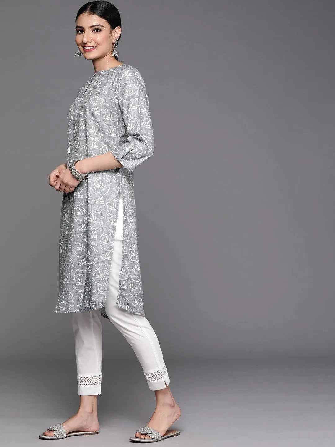 Grey Printed Cotton Kurta - Libas