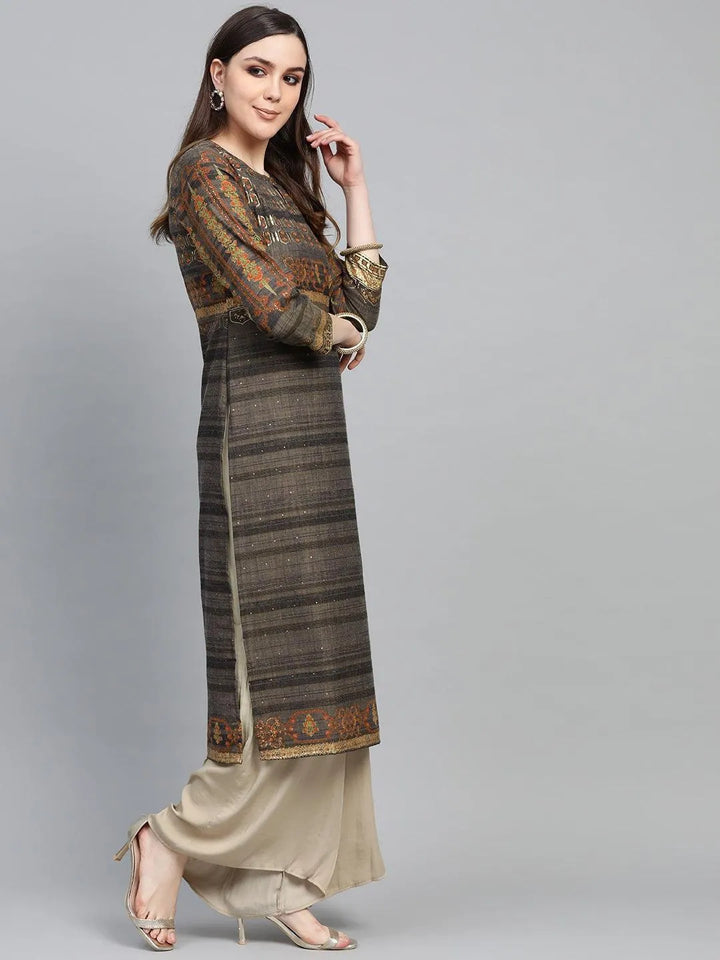 Grey Printed Cotton Kurta - Libas