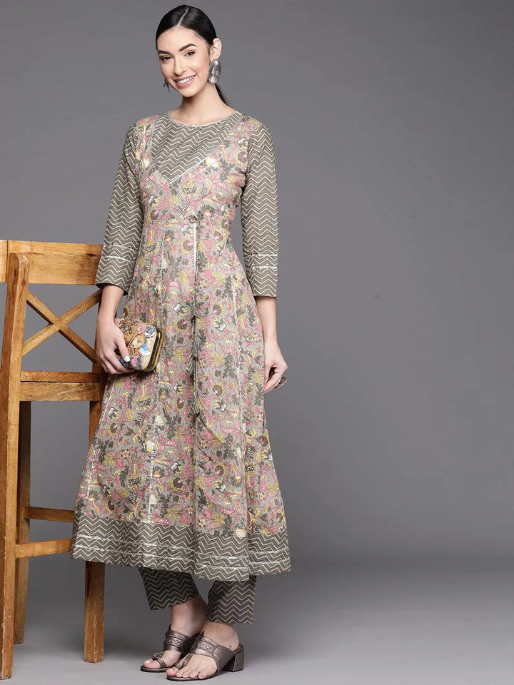 Grey Printed Cotton Kurta - Libas