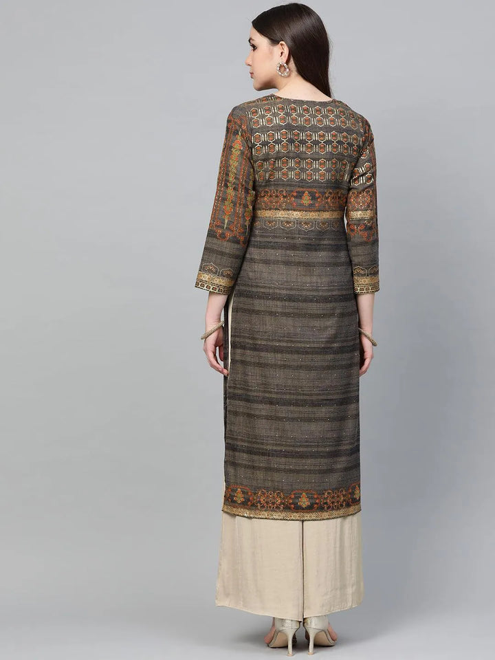 Grey Printed Cotton Kurta - Libas