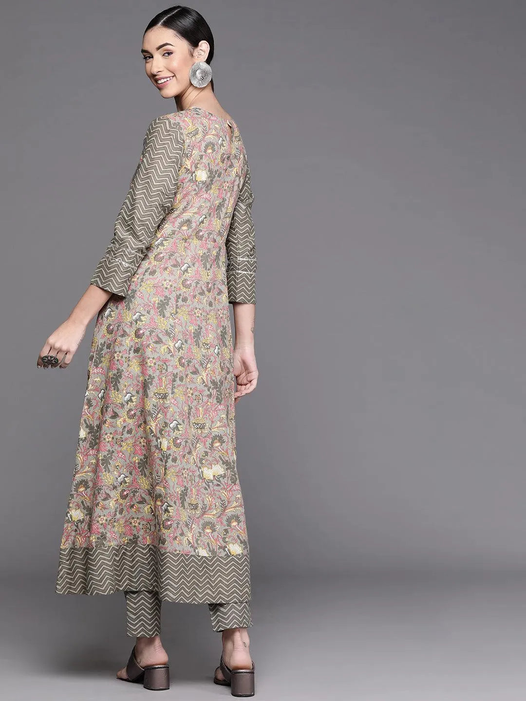 Grey Printed Cotton Kurta - Libas