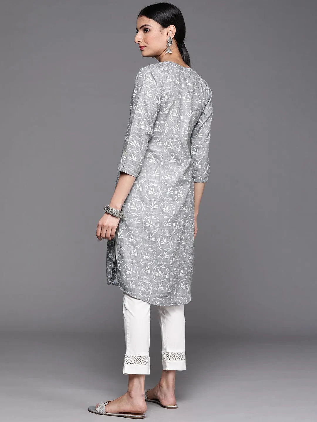 Grey Printed Cotton Kurta - Libas