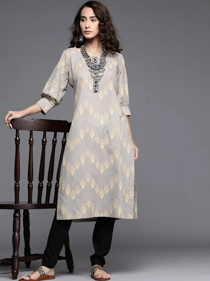 Grey Printed Cotton Kurta - Libas