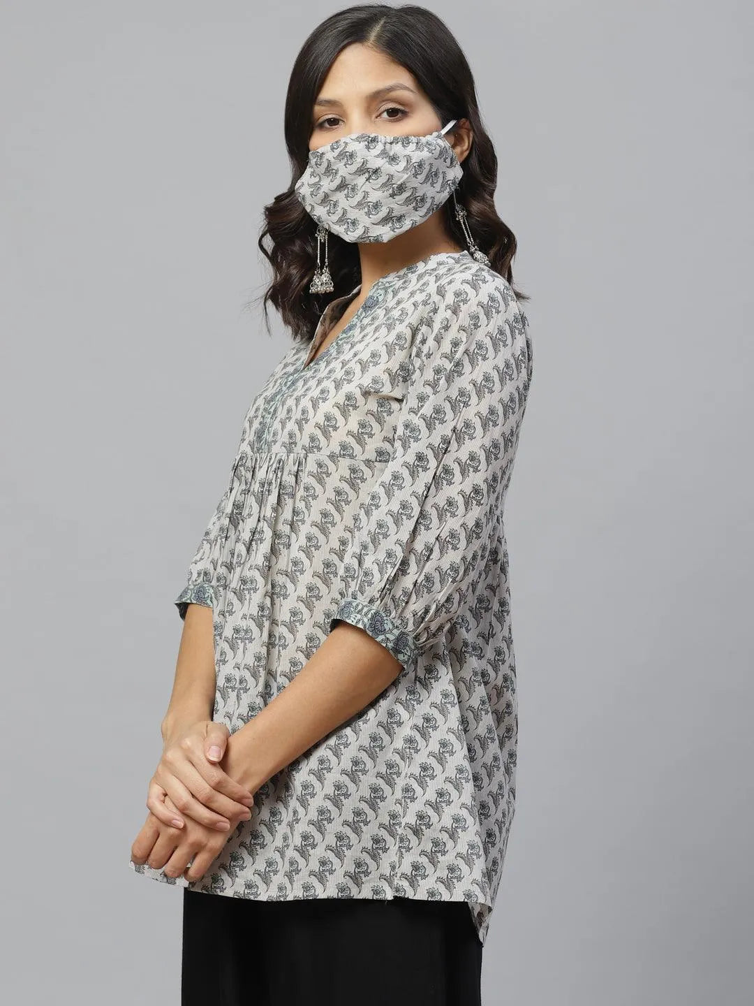 Grey Printed Cotton Kurti With Mask - Libas