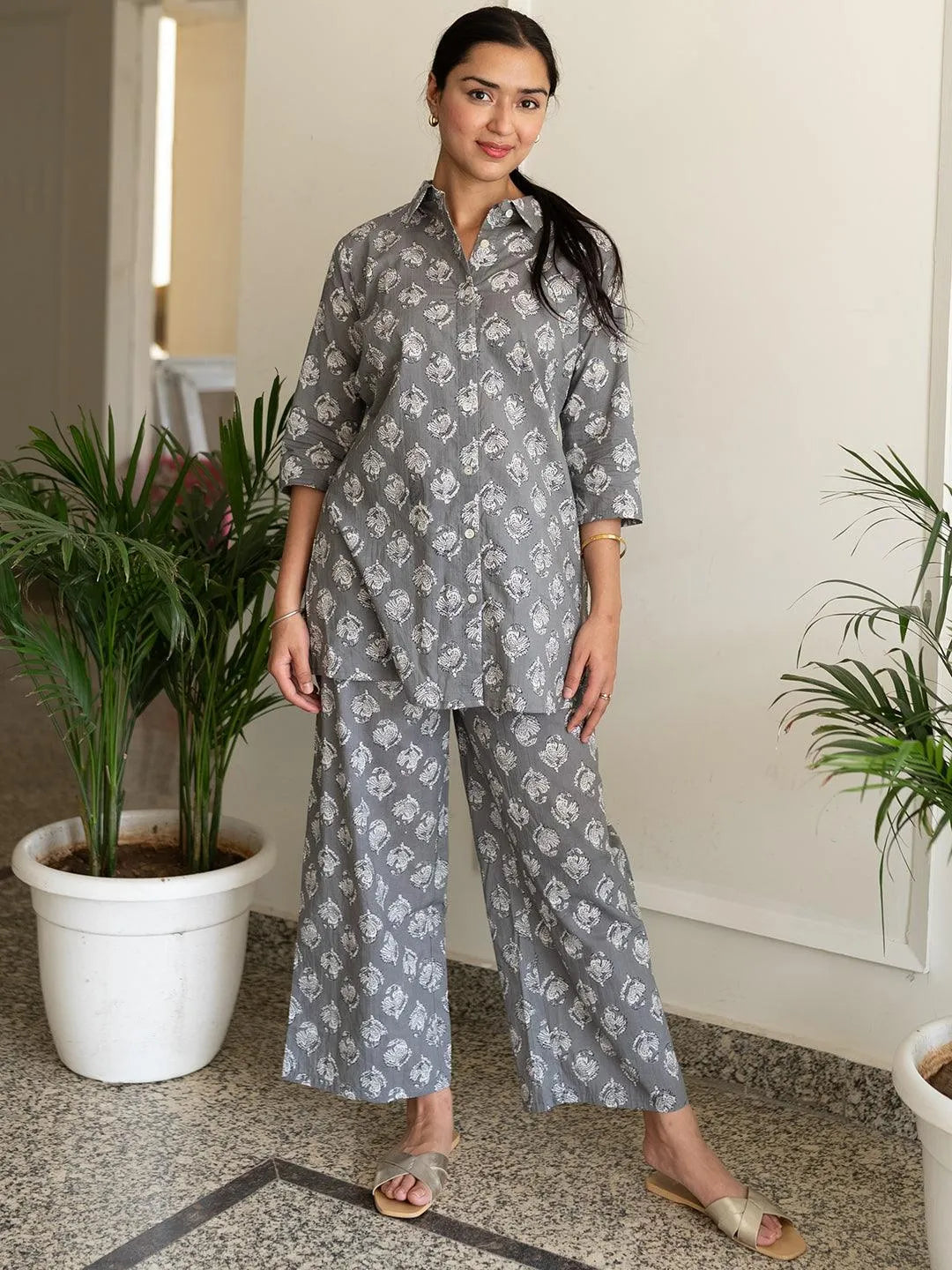 Grey Printed Cotton Night Suit - Libas 