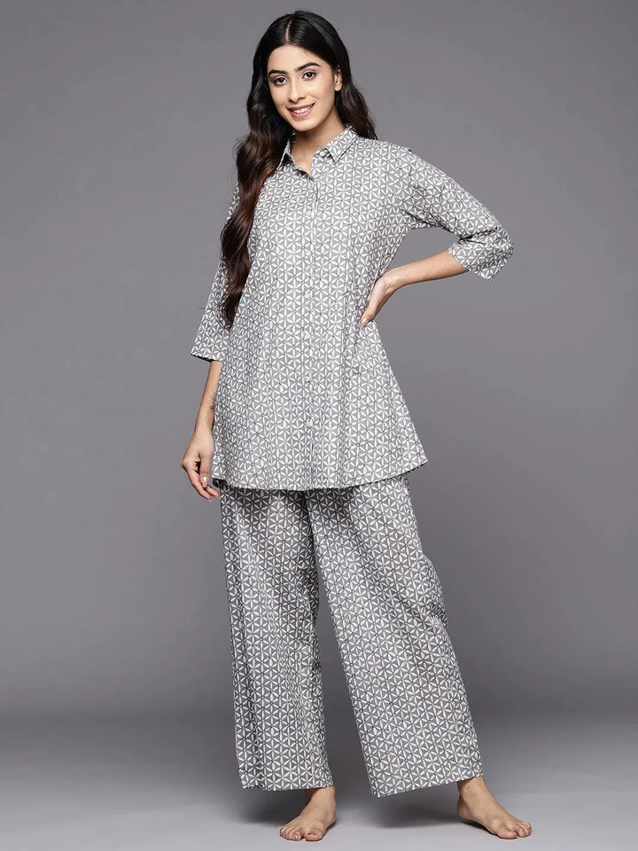 Grey Printed Cotton Night Suit - Libas