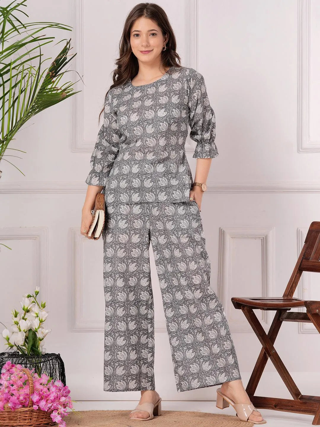 Grey Printed Cotton Night Suit - Libas