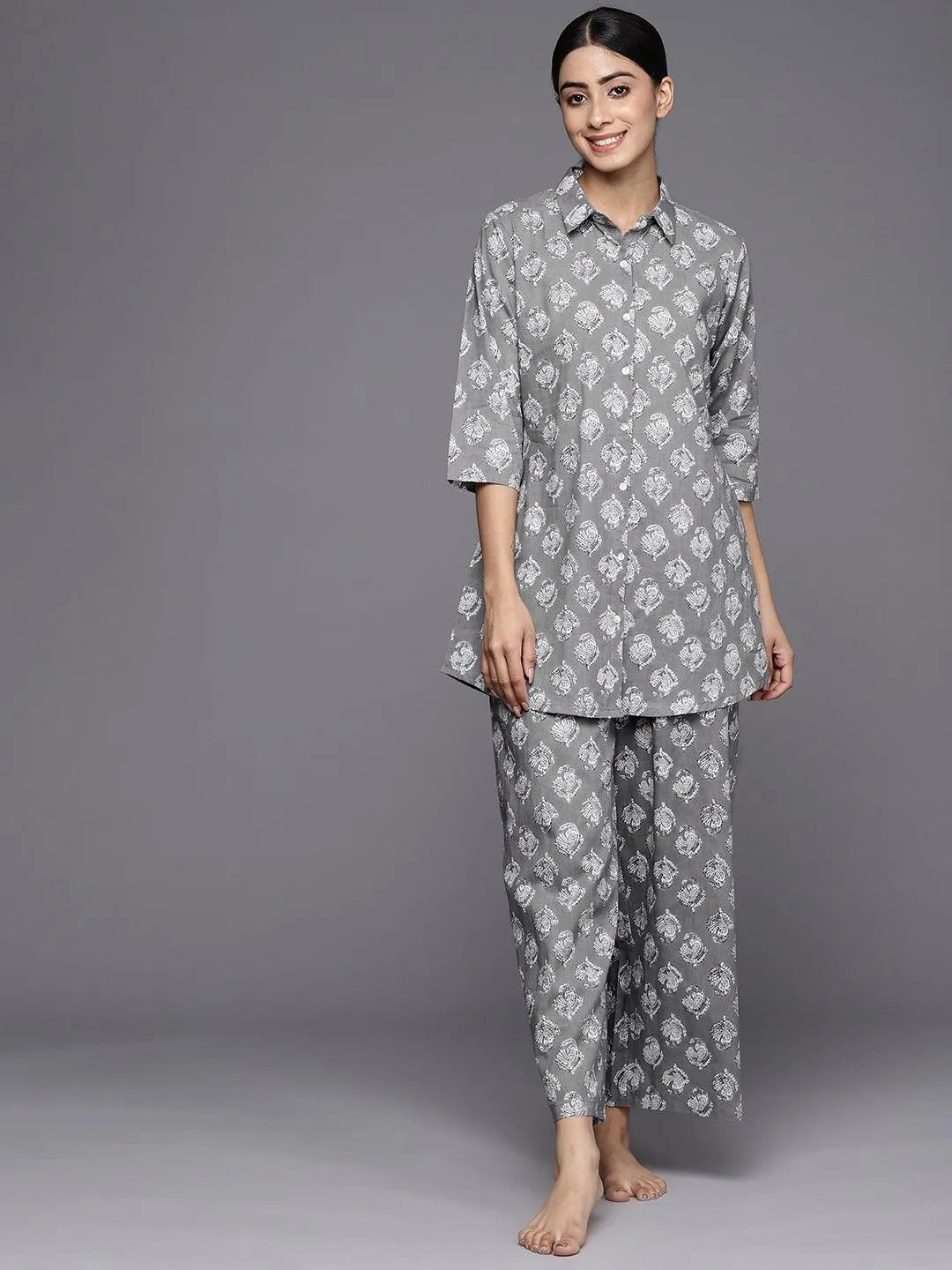 Grey Printed Cotton Night Suit - Libas 