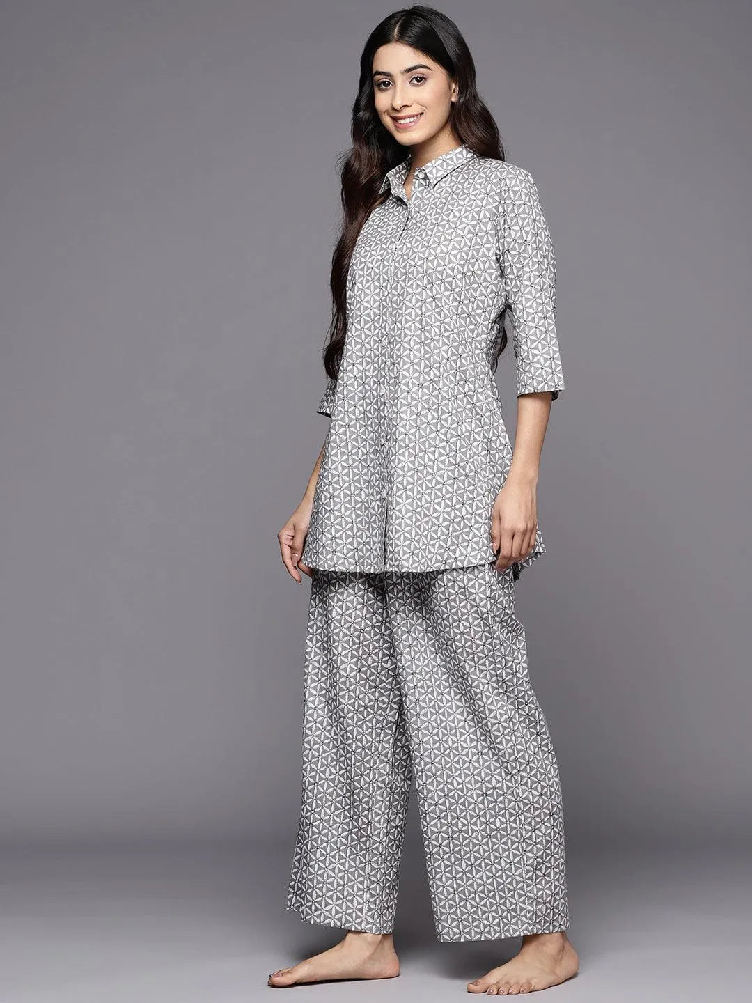 Grey Printed Cotton Night Suit - Libas 