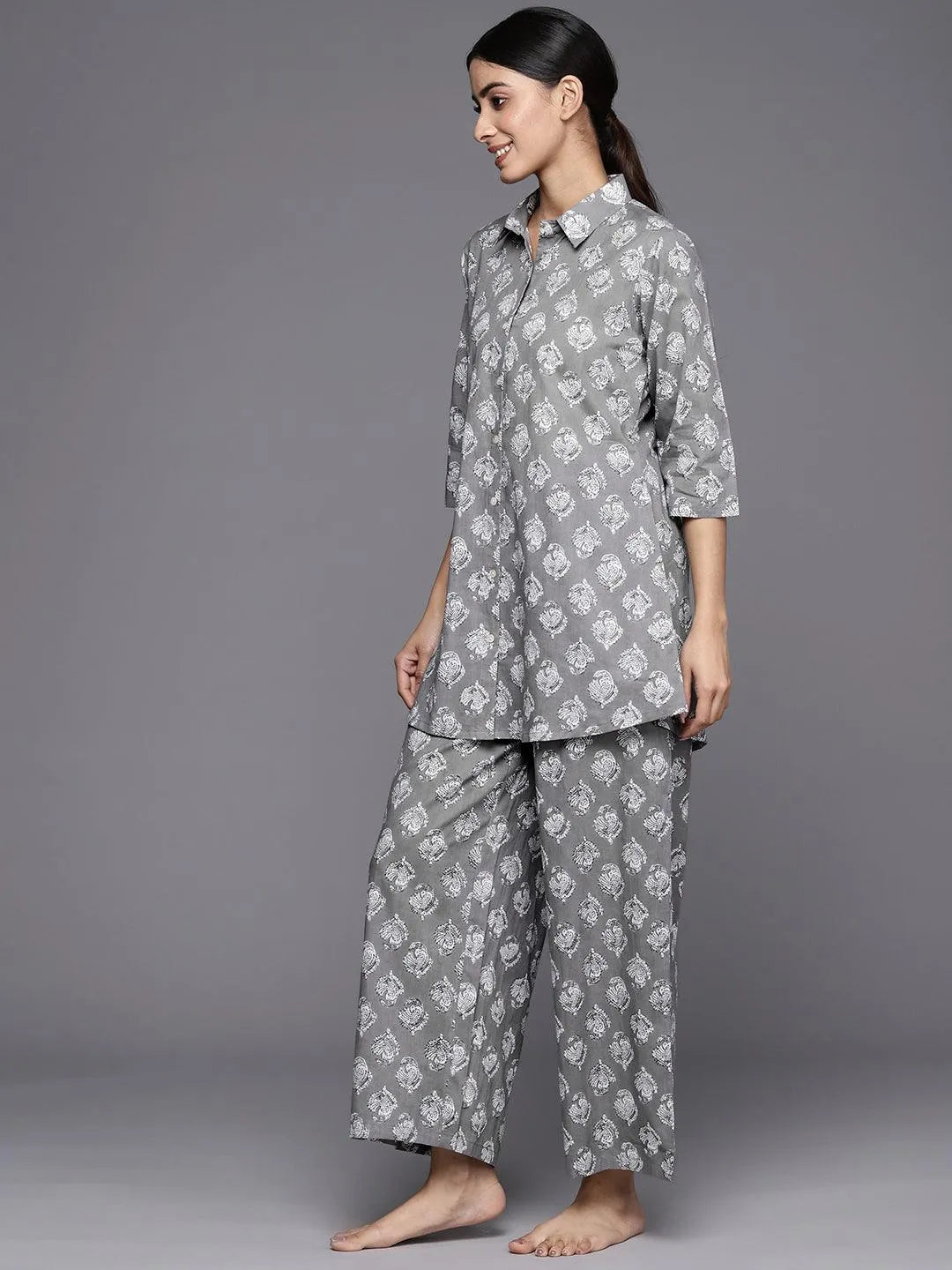 Grey Printed Cotton Night Suit - Libas 