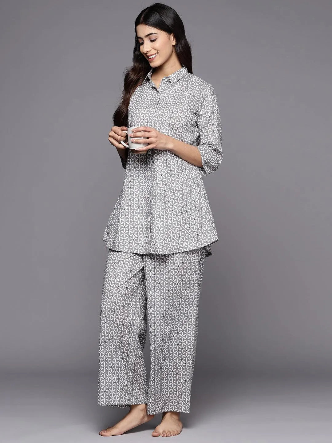 Grey Printed Cotton Night Suit - Libas