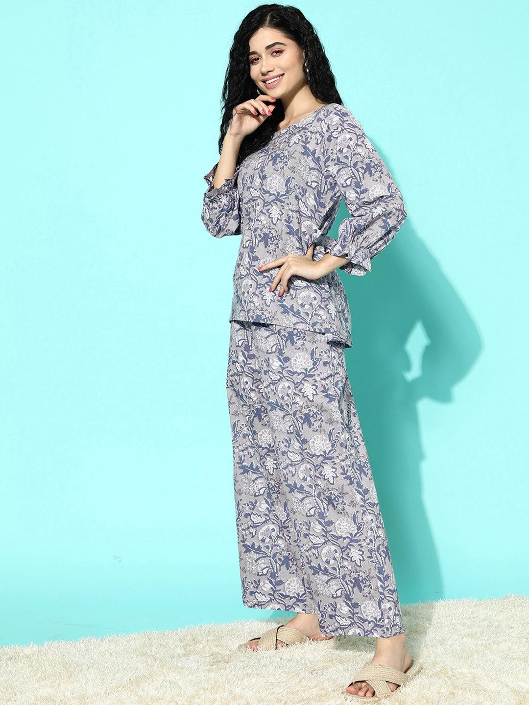 Grey Printed Cotton Night Suit - Libas