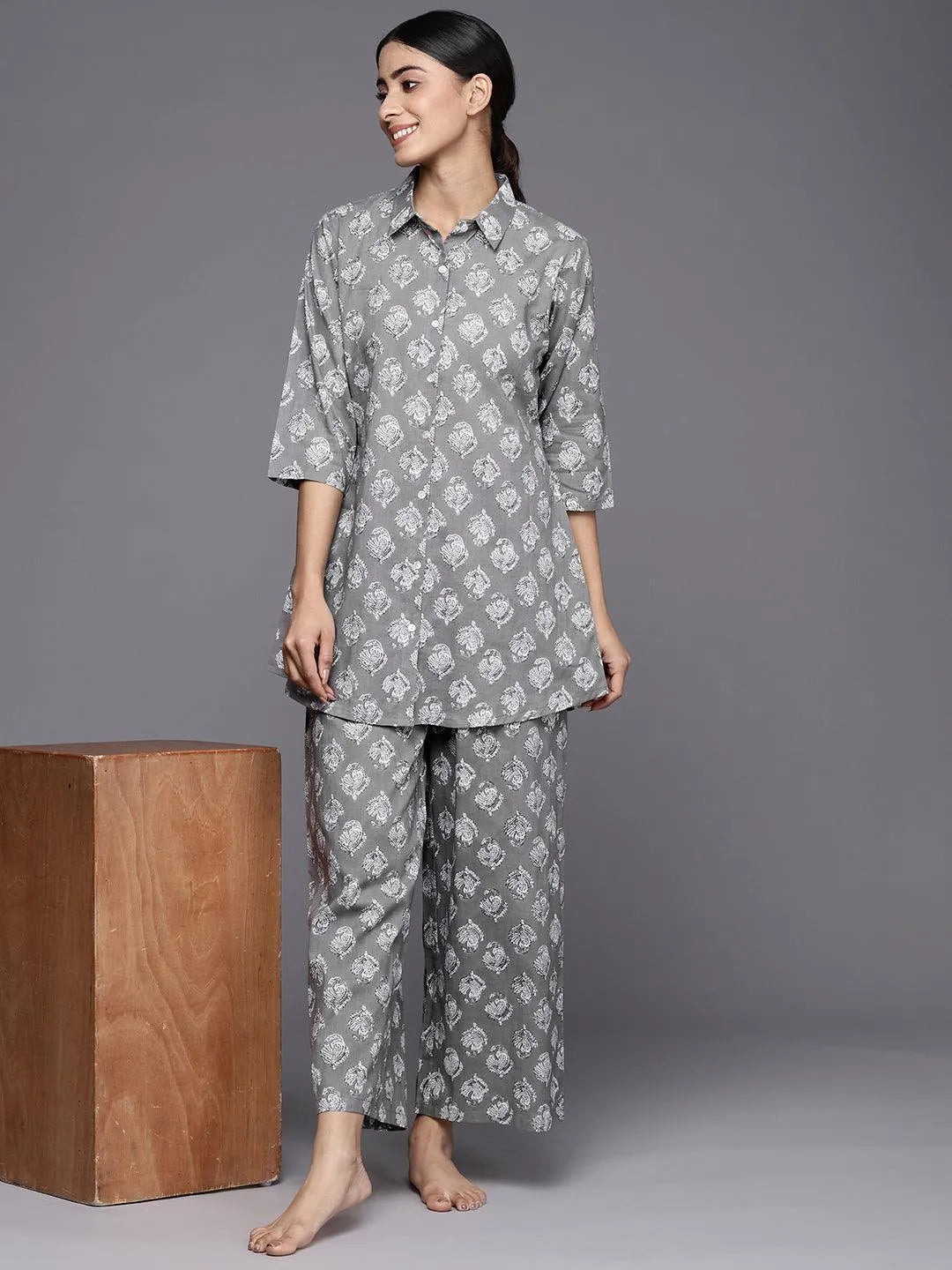 Grey Printed Cotton Night Suit - Libas 