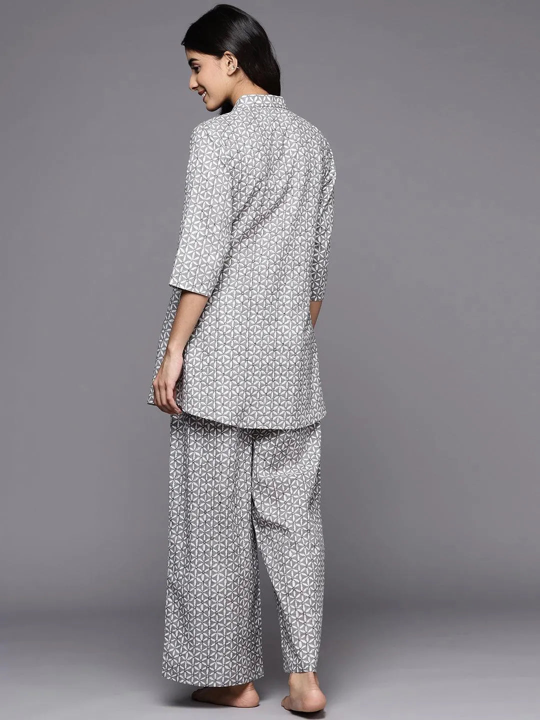 Grey Printed Cotton Night Suit - Libas 