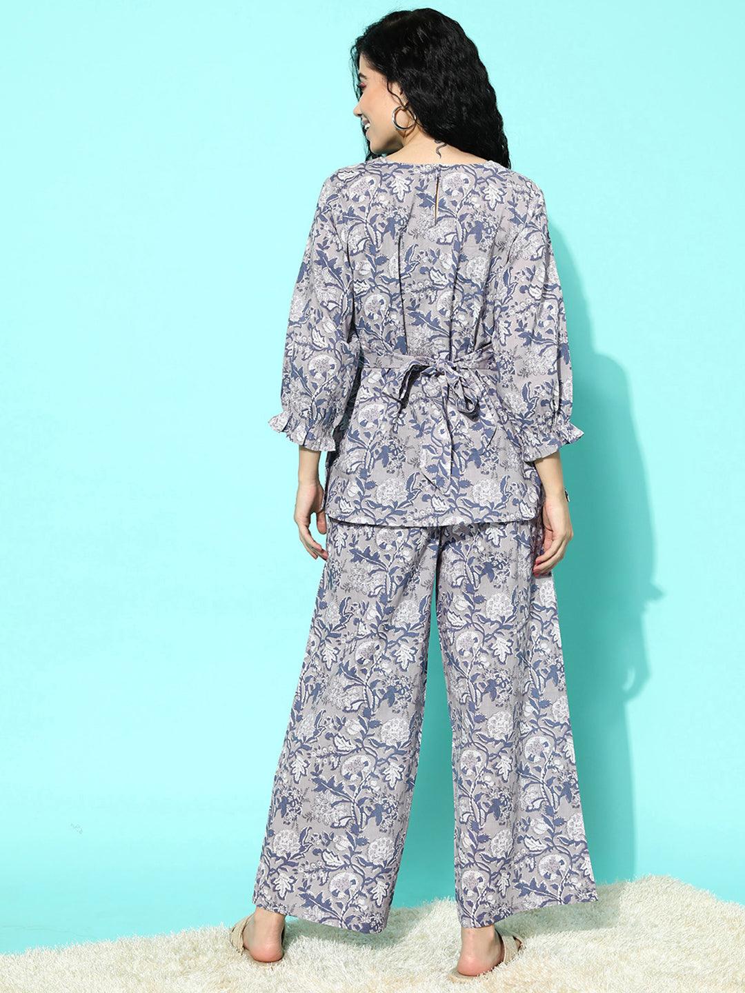 Grey Printed Cotton Night Suit - Libas