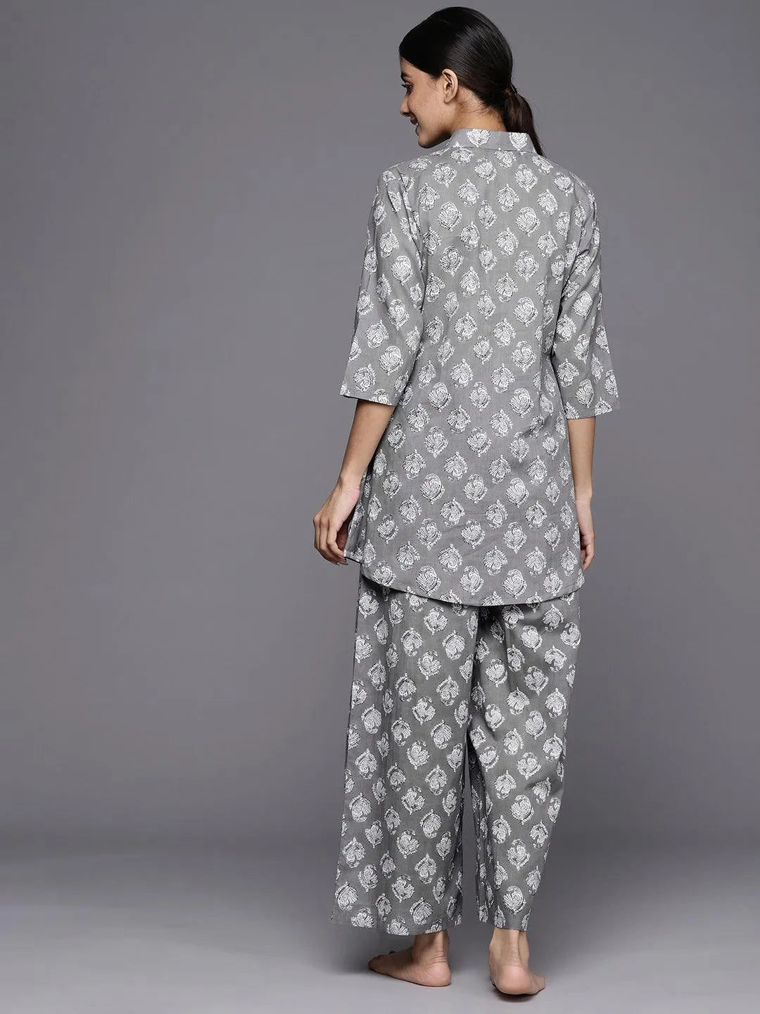 Grey Printed Cotton Night Suit - Libas 