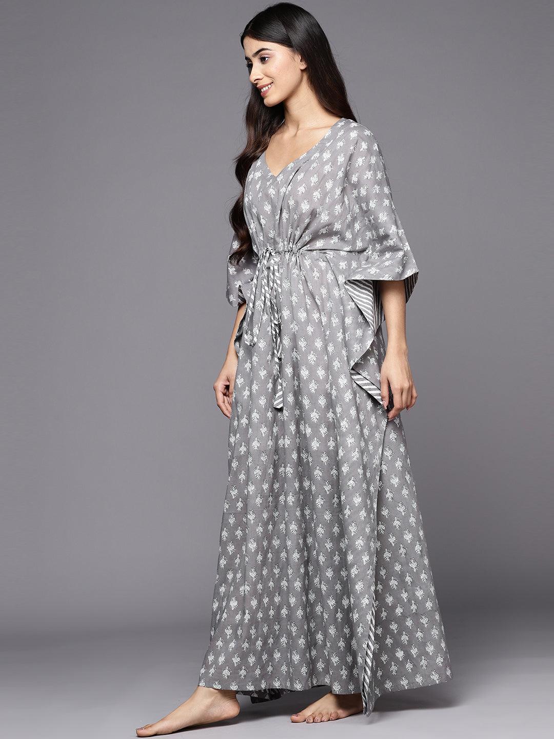 Grey Printed Cotton Nightdress - Libas