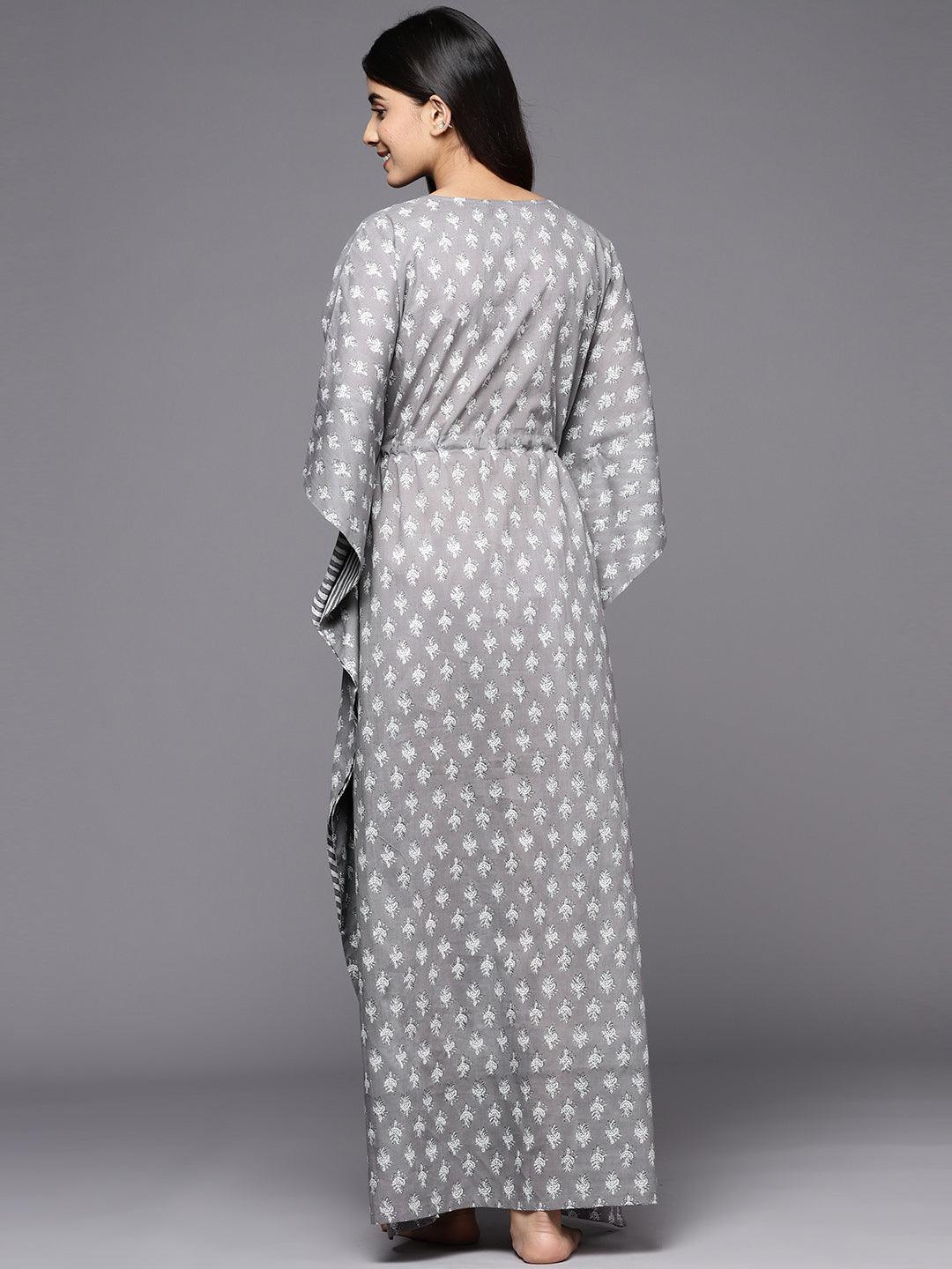 Grey Printed Cotton Nightdress - Libas 