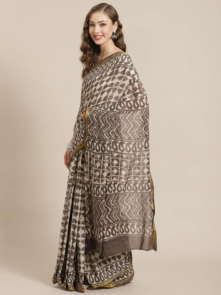 Grey Printed Cotton Saree - Libas