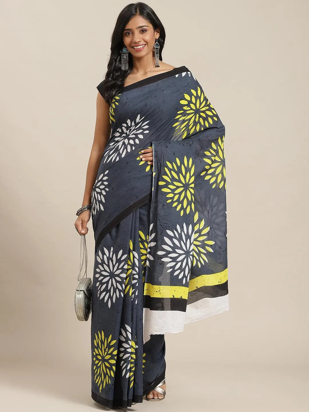 Grey Printed Cotton Saree - Libas