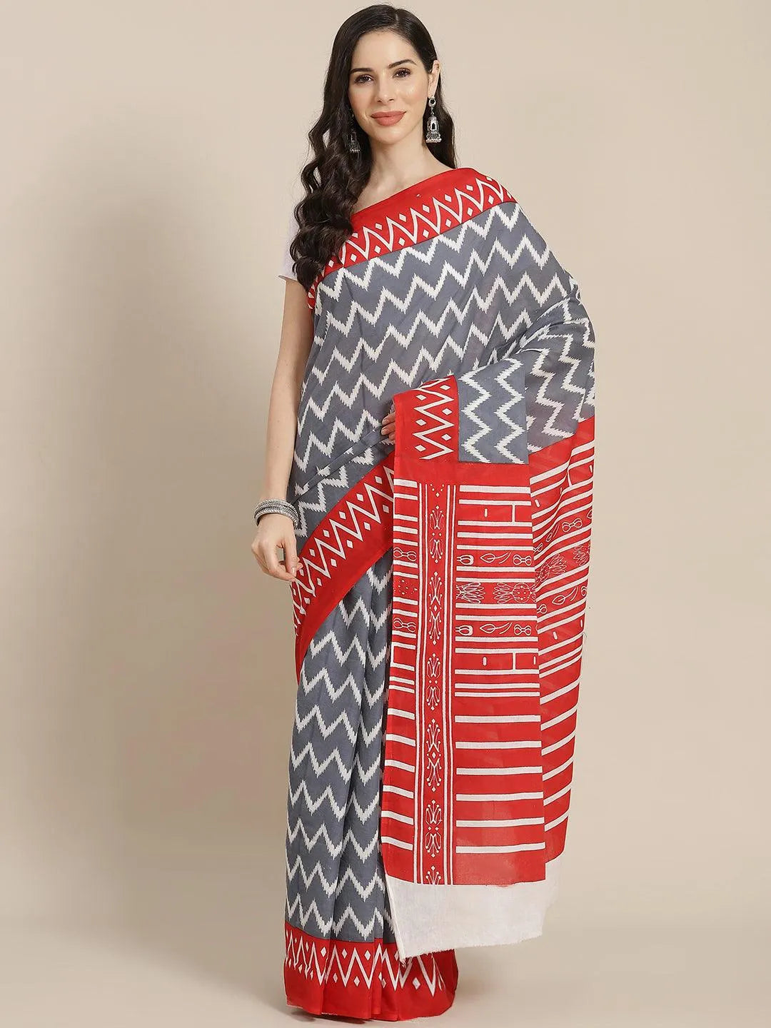 Grey Printed Cotton Saree - Libas