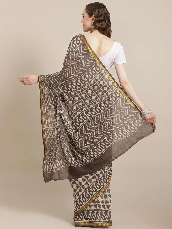 Grey Printed Cotton Saree - Libas