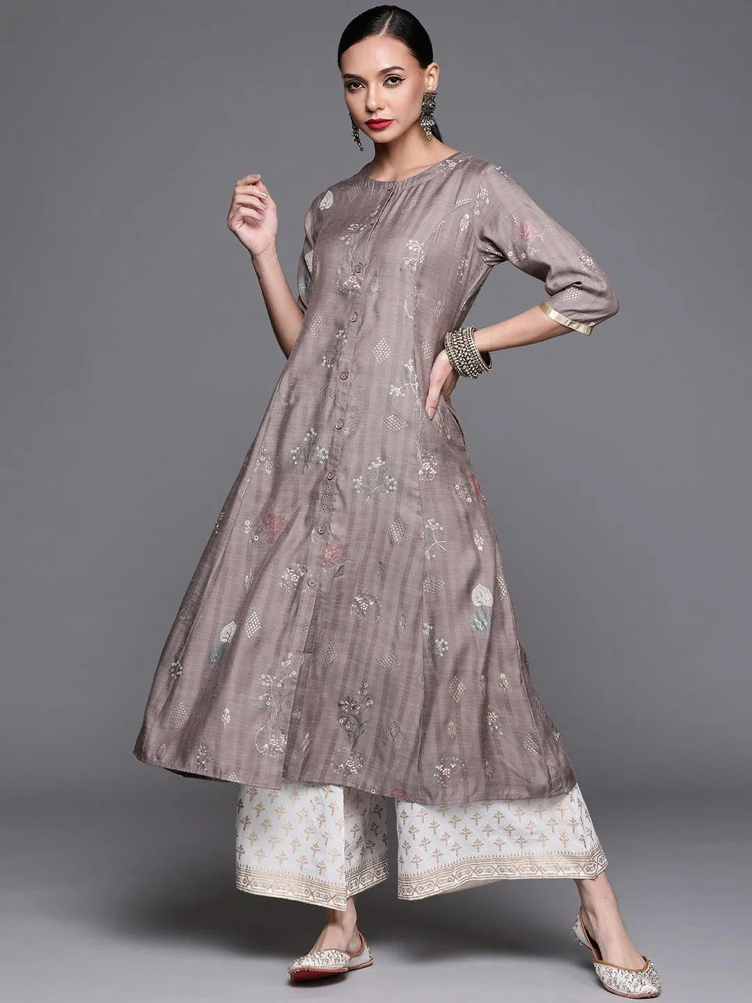 Grey Printed Cotton Silk Kurta - Libas 