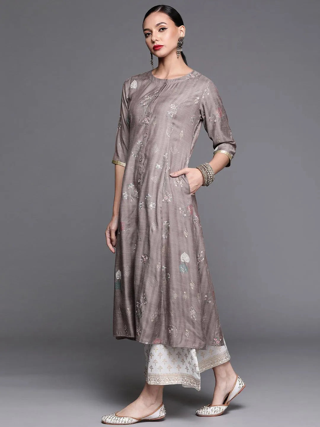 Grey Printed Cotton Silk Kurta - Libas 