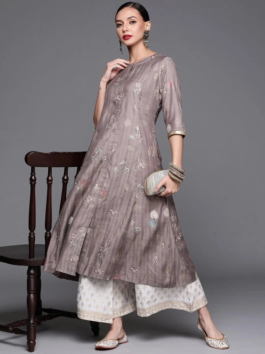 Grey Printed Cotton Silk Kurta - Libas 