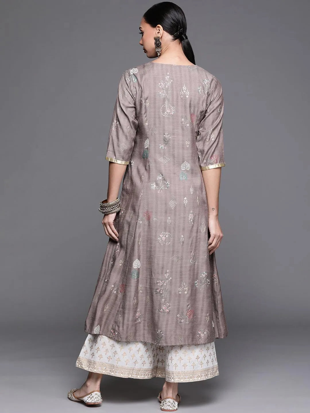 Grey Printed Cotton Silk Kurta - Libas 