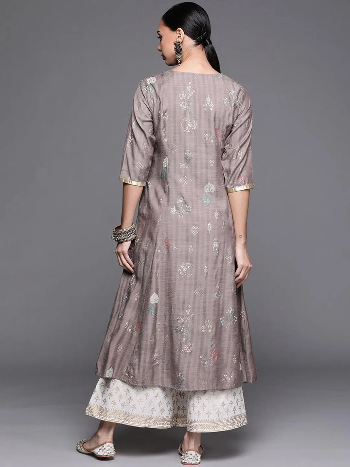 Grey Printed Cotton Silk Kurta - Libas