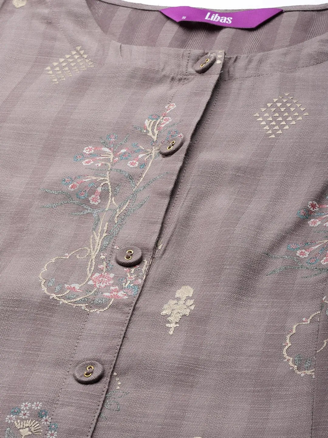 Grey Printed Cotton Silk Kurta - Libas 