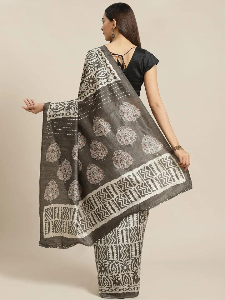 Grey Printed Cotton Silk Saree - Libas