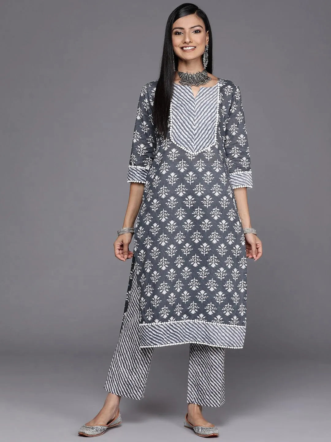 Grey Printed Cotton Straight Kurta - Libas