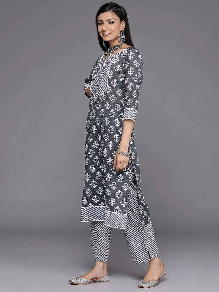 Grey Printed Cotton Straight Kurta - Libas