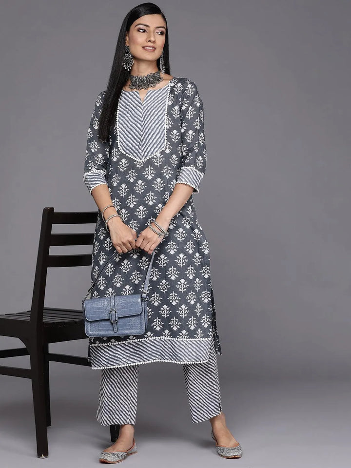 Grey Printed Cotton Straight Kurta - Libas