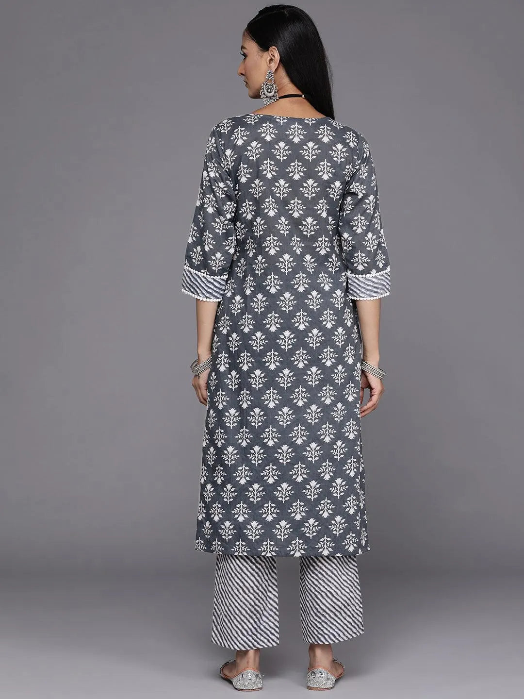 Grey Printed Cotton Straight Kurta - Libas