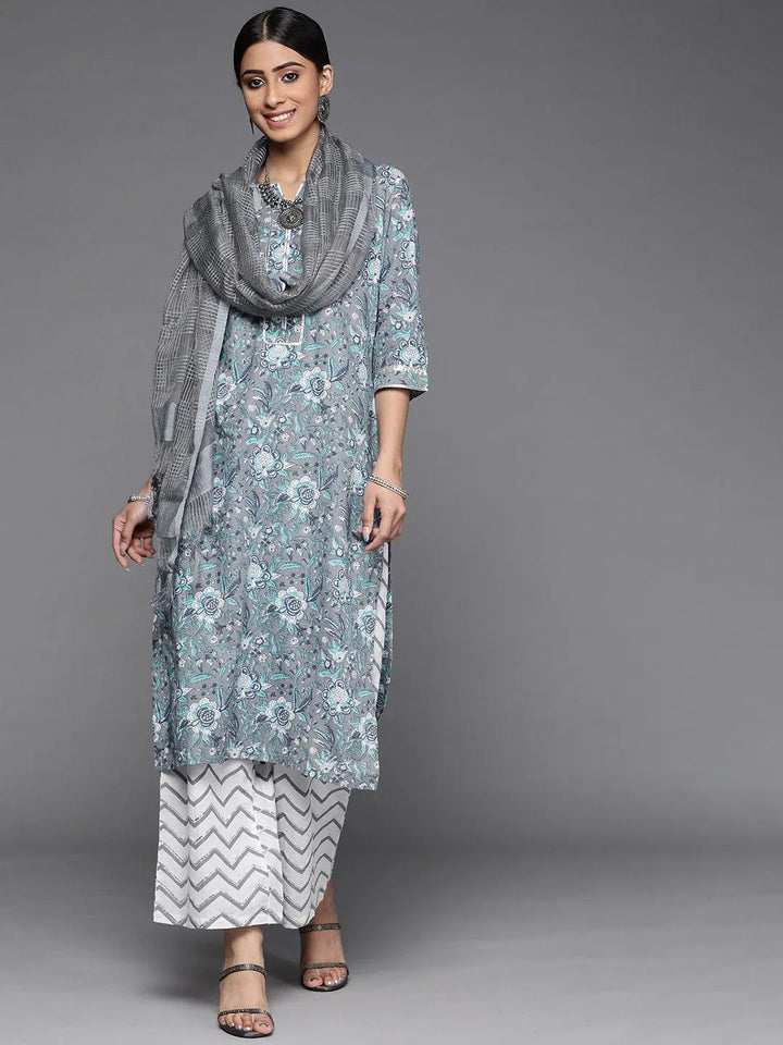 Grey Printed Cotton Suit Set - Libas