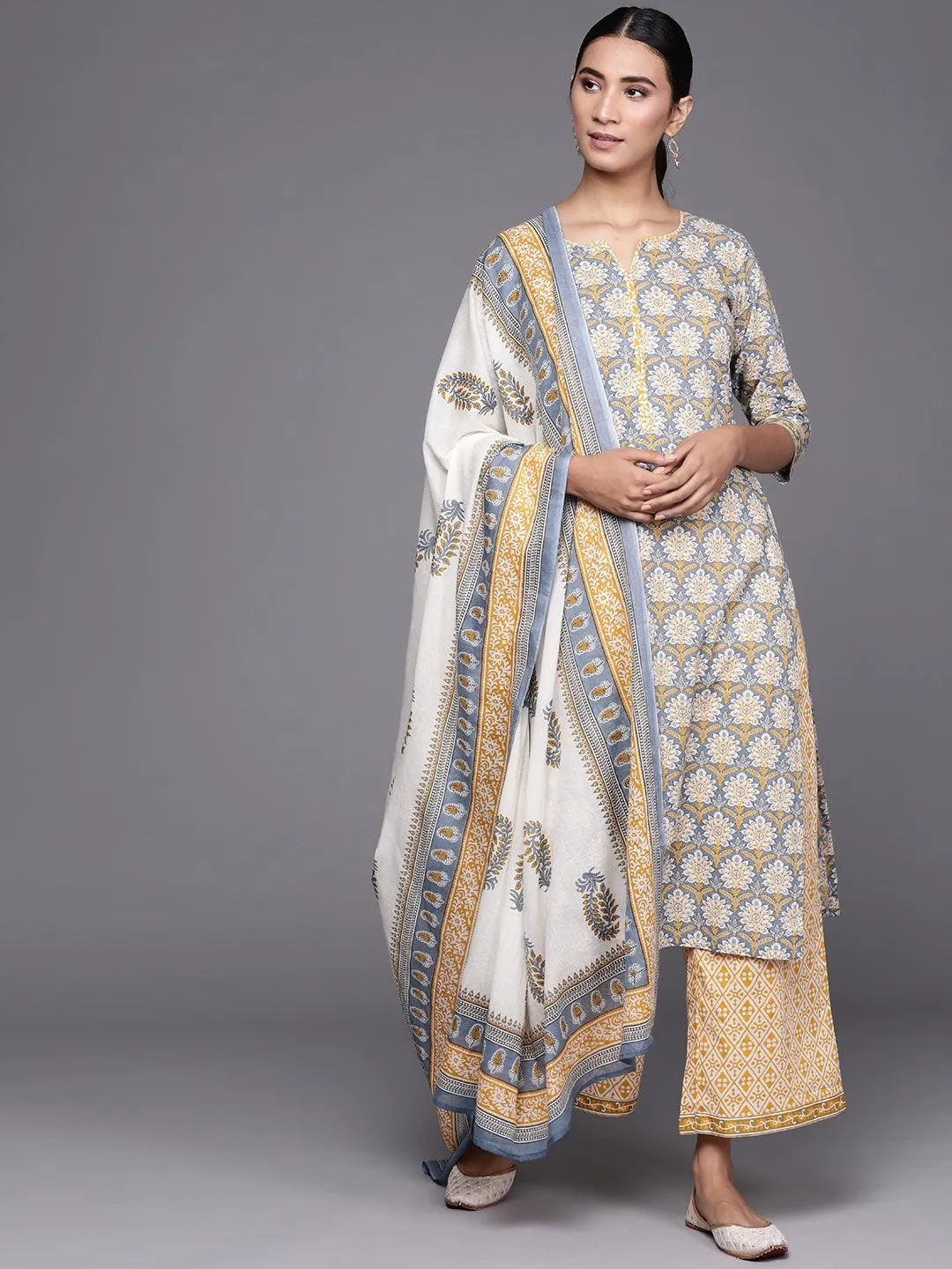 Grey Printed Cotton Suit Set - Libas