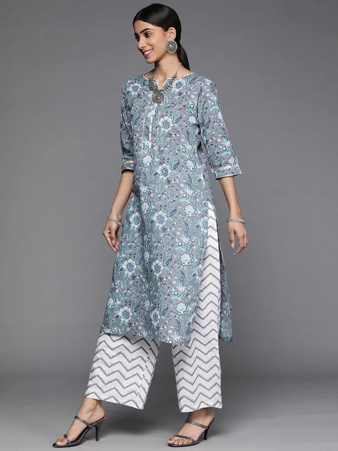 Grey Printed Cotton Suit Set - Libas 