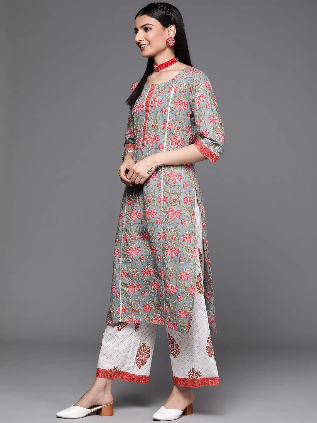 Grey Printed Cotton Suit Set - Libas 