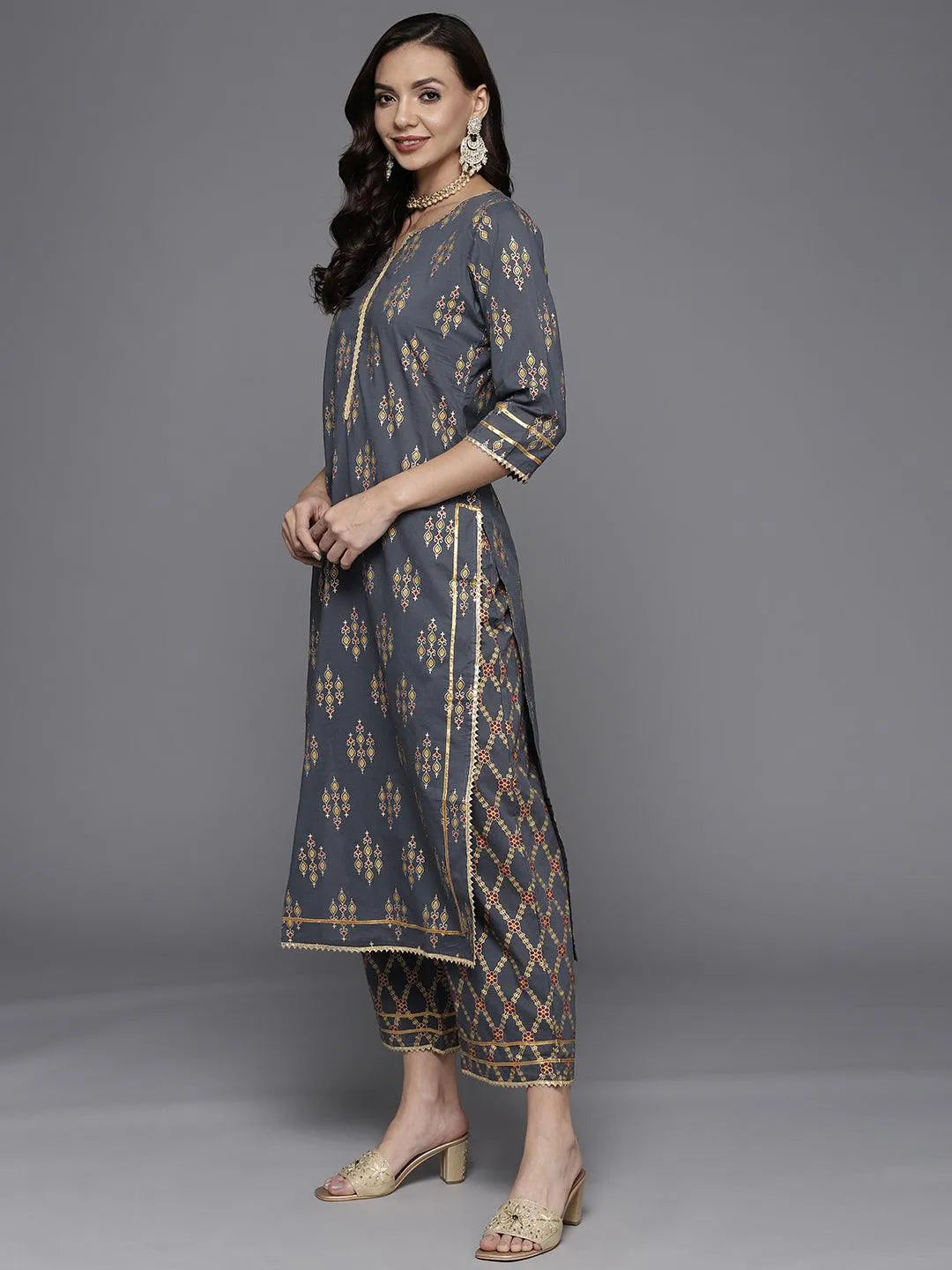 Grey Printed Cotton Straight Suit Set - Libas