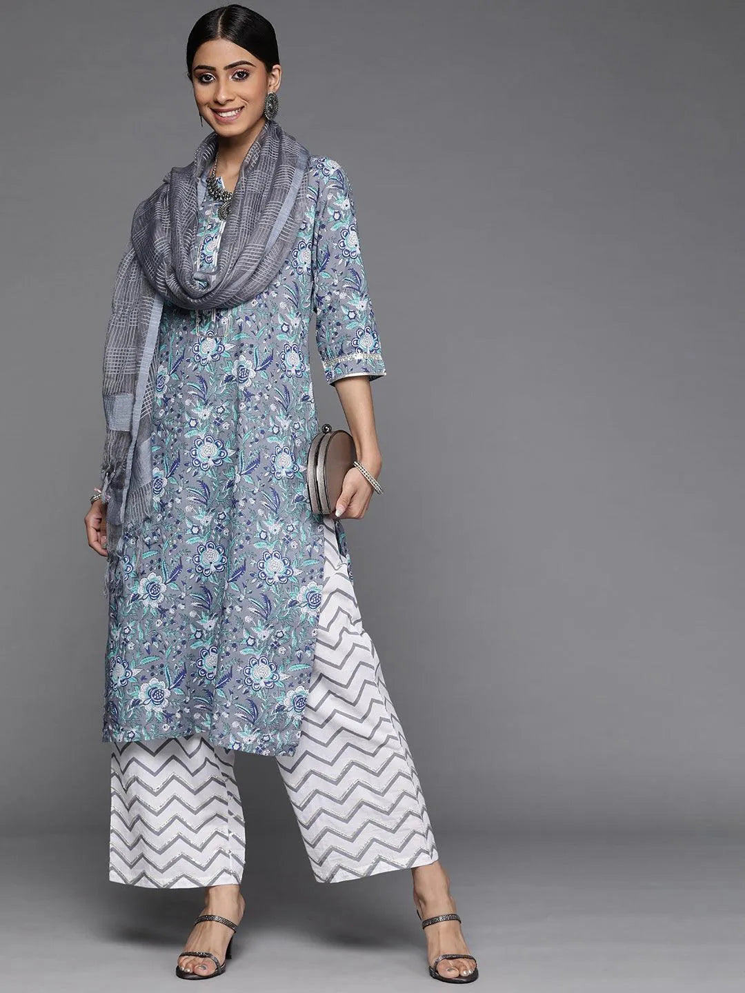 Grey Printed Cotton Suit Set - Libas 