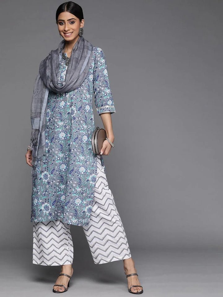 Grey Printed Cotton Suit Set - Libas